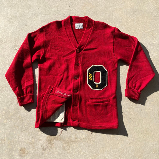 60s Mens Cardgian Collegiate Vintage Grandpa Sweater "O" Patch Chain Stitch Sz42