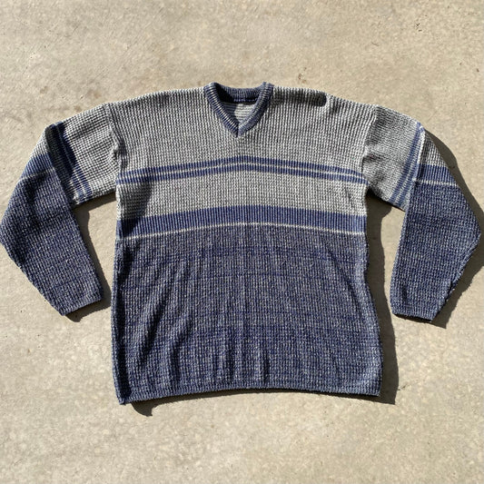 90s Men's Sweater Vintage Grandpa Sweater Blue Gray Pattern V Neck Pullover Sz M