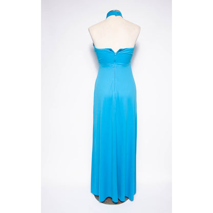 70s Maxi Dress Sexy Vtg Evening Gown Blue Rhinestone Fredricks of Hollywood Sz S