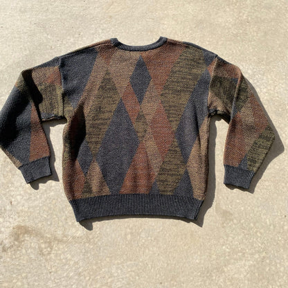 90s Mens Sweater Vintage Grandpa Sweater Gray Green Diamond Print Crew Neck Sz L