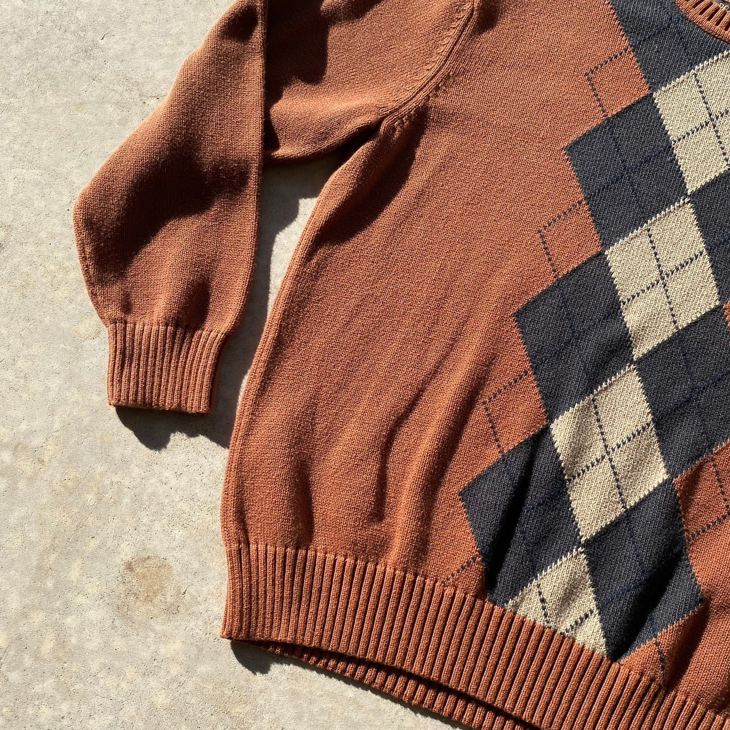 90s Mens Sweater Vintage Grandpa Sweater Rusty Brown Argyle Pattern Cotton Sz XL