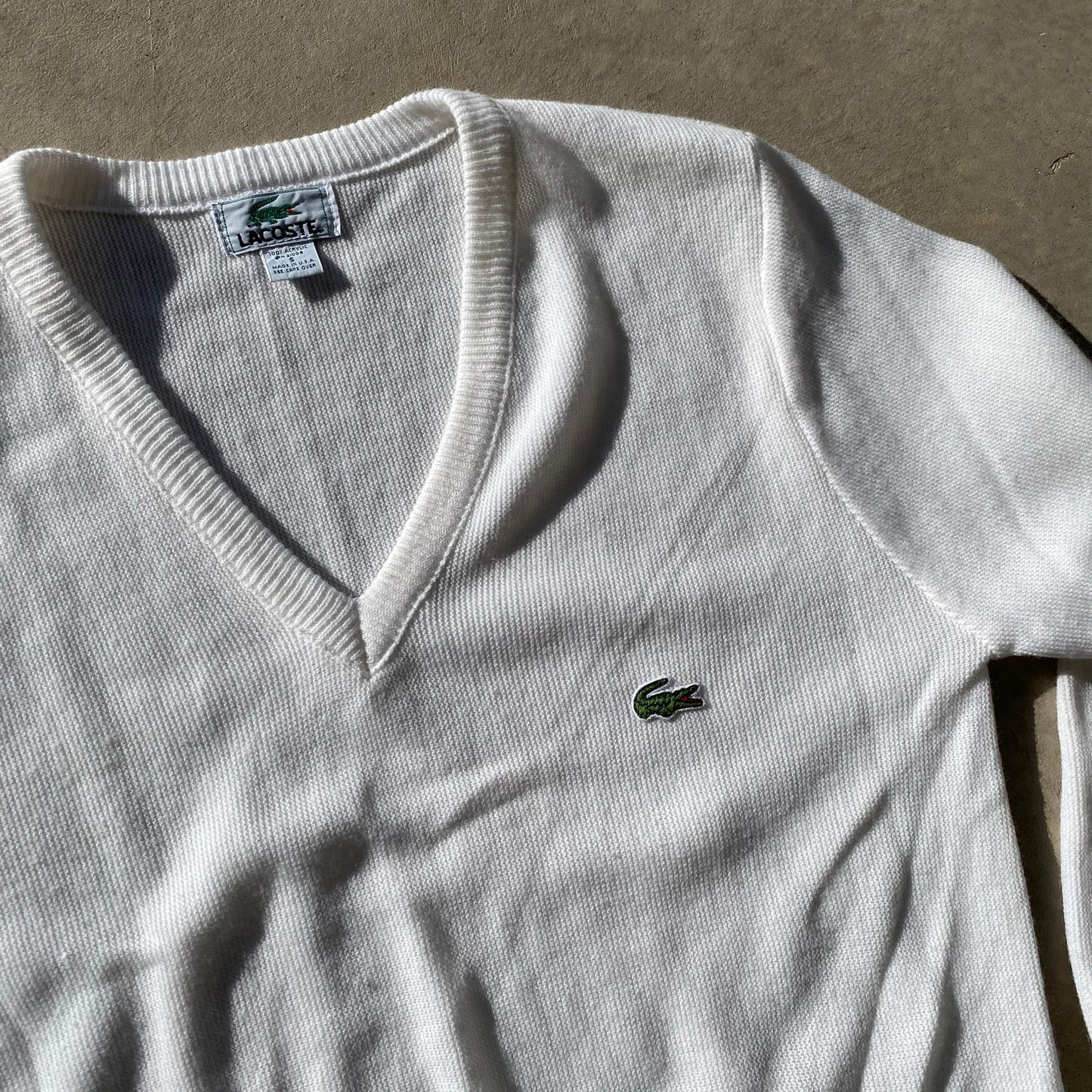 Vintage Men's Sweater White 90s Grandpa Sweater Lacoste V Neck Golf Tennis Sz S