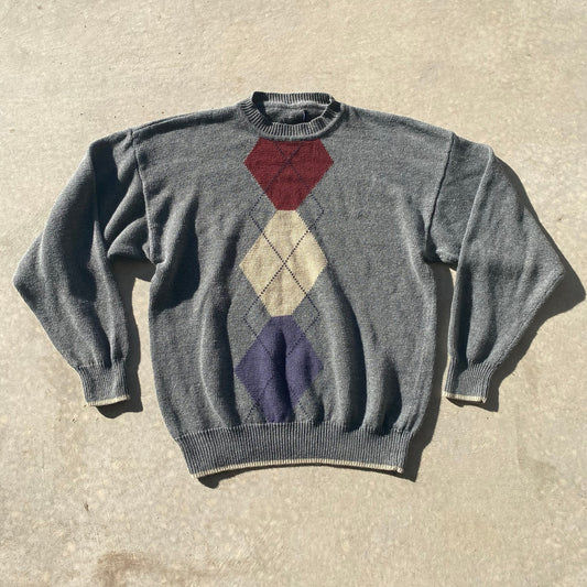 90s Grandpa Sweater Gray Men's Vintage Argyle Print Crew Neck Sweater Sz M