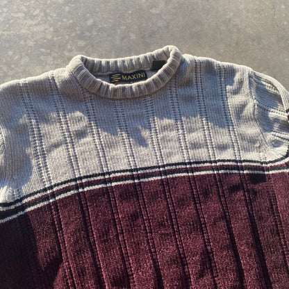 90s Mens Sweater Crewneck Pullover Knit Grandpa Sweater Maroon Gray Ribbed Sz M