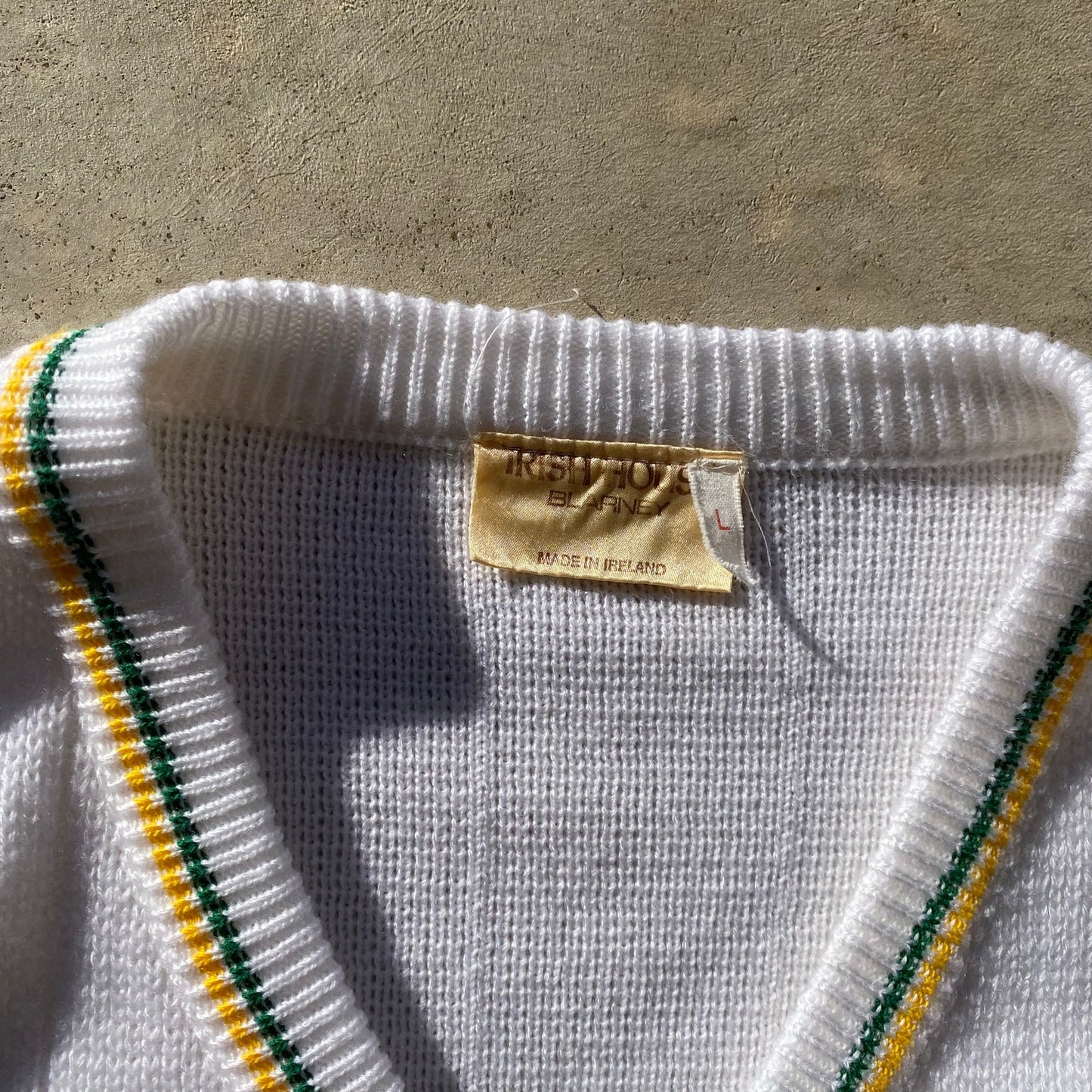 70s Mens Sweater Vintage Grandpa Sweater V Neck "Ireland" Green Yellow Trim Sz L