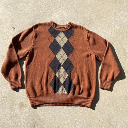 90s Mens Sweater Vintage Grandpa Sweater Rusty Brown Argyle Pattern Cotton Sz XL