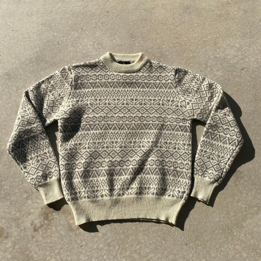 Vintage Grandpa Sweater Royal Robbins Cream Wool Fair Isle Print Mock Neck Sz L