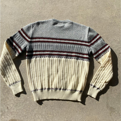 70s Mens Sweater Vintage Grandpa Sweater Gray Fair Isle Cable Knit Crew Neck SzM