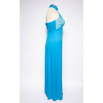 70s Maxi Dress Sexy Vtg Evening Gown Blue Rhinestone Fredricks of Hollywood Sz S