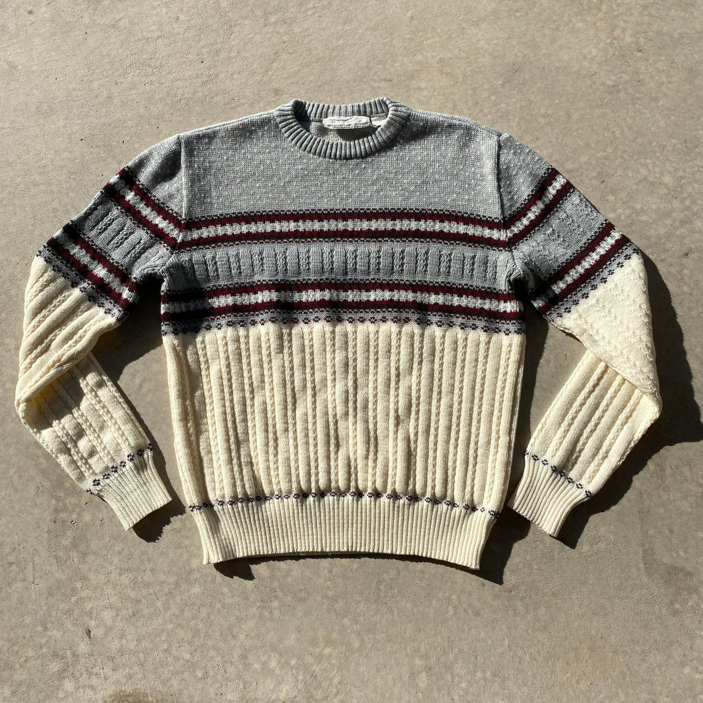 70s Mens Sweater Vintage Grandpa Sweater Gray Fair Isle Cable Knit Crew Neck SzM