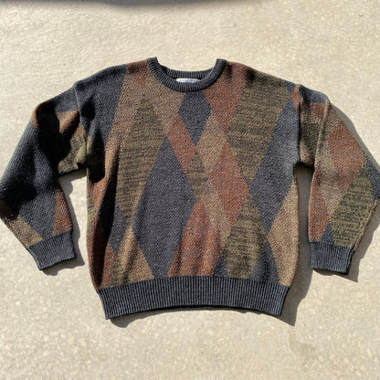 90s Mens Sweater Vintage Grandpa Sweater Gray Green Diamond Print Crew Neck Sz L