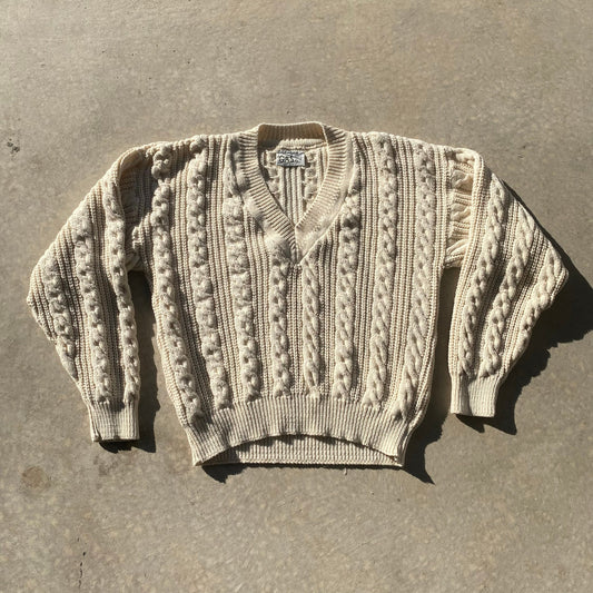 Vintage Grandpa Sweater Cream Cable Knit V Neck Varsity Pullover Sweater Sz XL