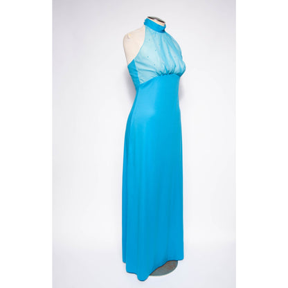 70s Maxi Dress Sexy Vtg Evening Gown Blue Rhinestone Fredricks of Hollywood Sz S