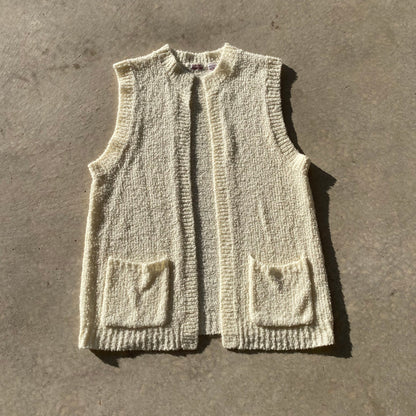 70s Womens Sweater Vest Vintage Cream Longline Knit Vest Layering Sz 44 L/XL