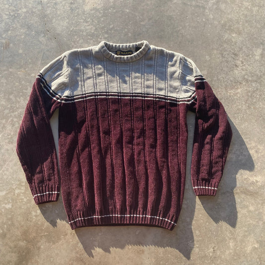 90s Mens Sweater Crewneck Pullover Knit Grandpa Sweater Maroon Gray Ribbed Sz M