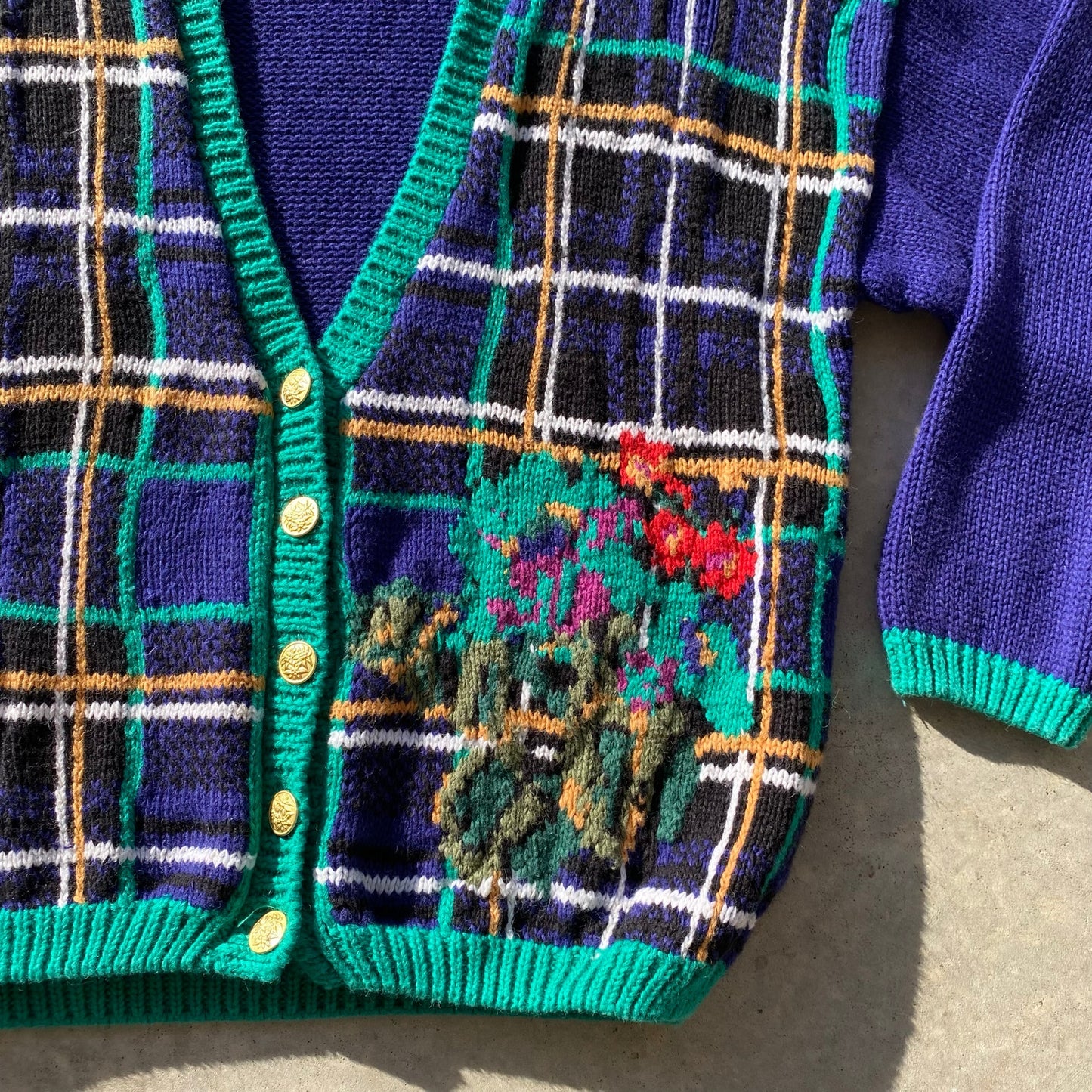 90s Grandma Sweater VTG Floral Knit Cardigan Blue Green Yellow Plaid Cotton Sz L