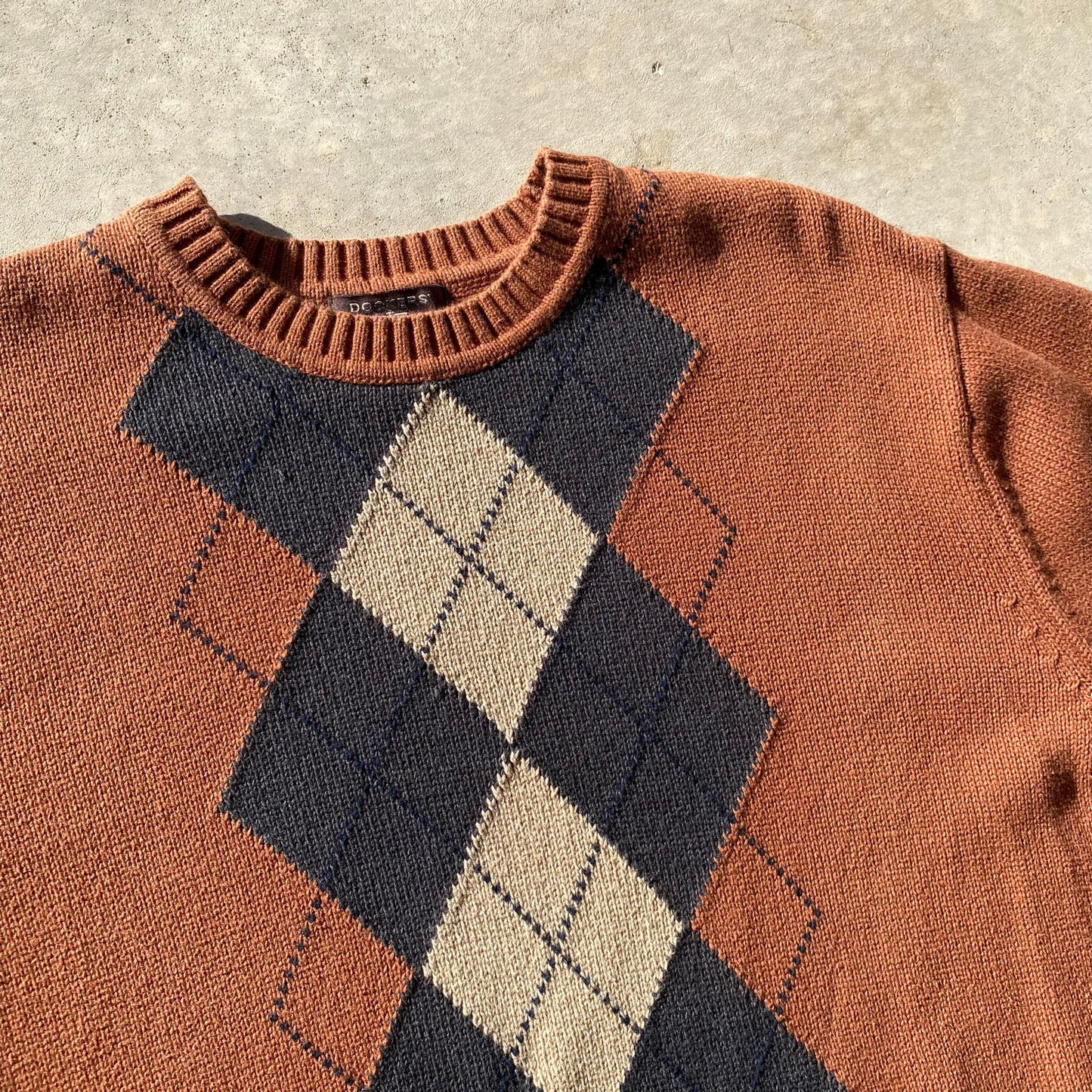 90s Mens Sweater Vintage Grandpa Sweater Rusty Brown Argyle Pattern Cotton Sz XL