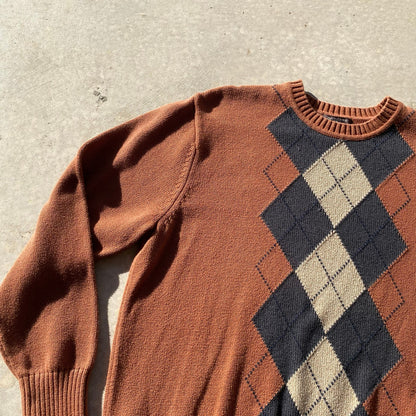 90s Mens Sweater Vintage Grandpa Sweater Rusty Brown Argyle Pattern Cotton Sz XL