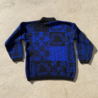 Vintage Blue Sweater 90s Black Rose Print Turtleneck Pullover Knit Sweater Sz M