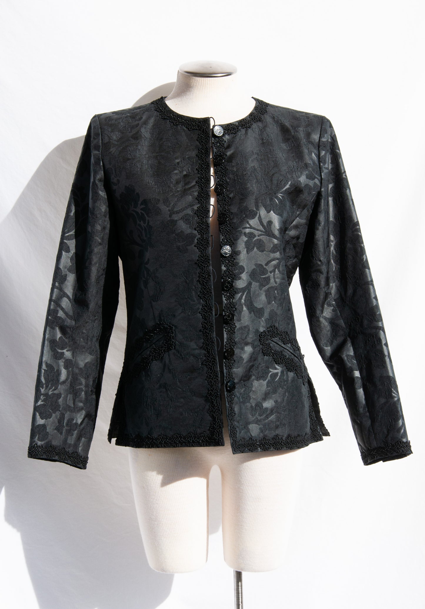 YVES SAINT LAURENT STRUCTURED BLACK FLORAL SILK JACKET