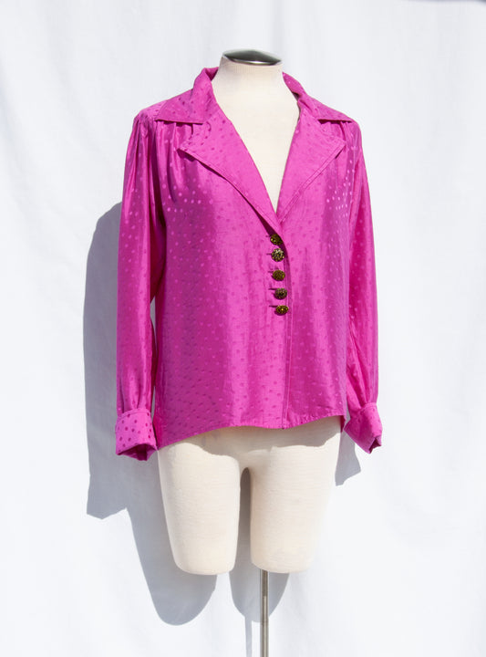 YVES SAINT LAURENT 1990S FUSCHIA RAW SILK POLKA DOT SHIRT