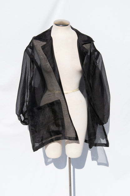 YVES SAINT LAURENT SPRING 1991 SHEER BLACK SILK OPEN OVERSIZED JACKET