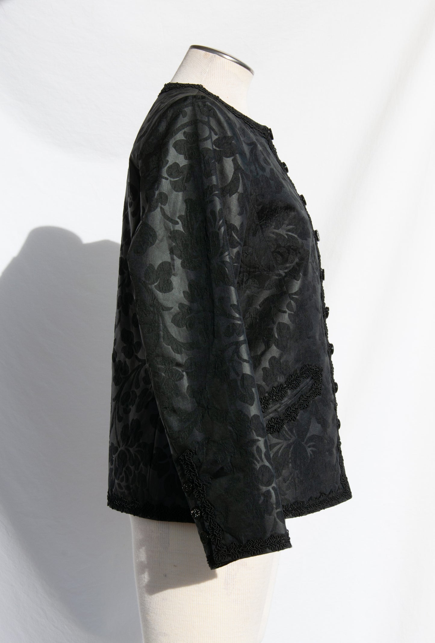 YVES SAINT LAURENT STRUCTURED BLACK FLORAL SILK JACKET