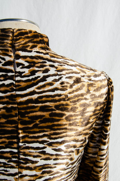 MOLLIE PARNIS DOCUMENTED FALL 1970 VELVET TIGER PRINT MINK TRIMMED DRESS