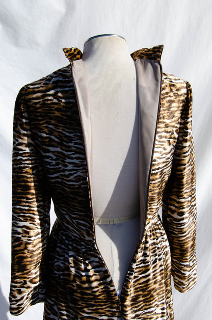 MOLLIE PARNIS DOCUMENTED FALL 1970 VELVET TIGER PRINT MINK TRIMMED DRESS