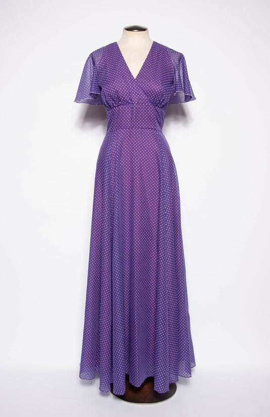 COCO CALIFORNIA 1970S VINTAGE PURPLE AND WHITE POLKA DOT MAXI GOWN