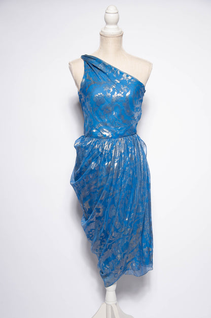 BILL BLASS 1970S GOLD METALLIC WOVEN BLUE SILK COCKTAIL DRESS