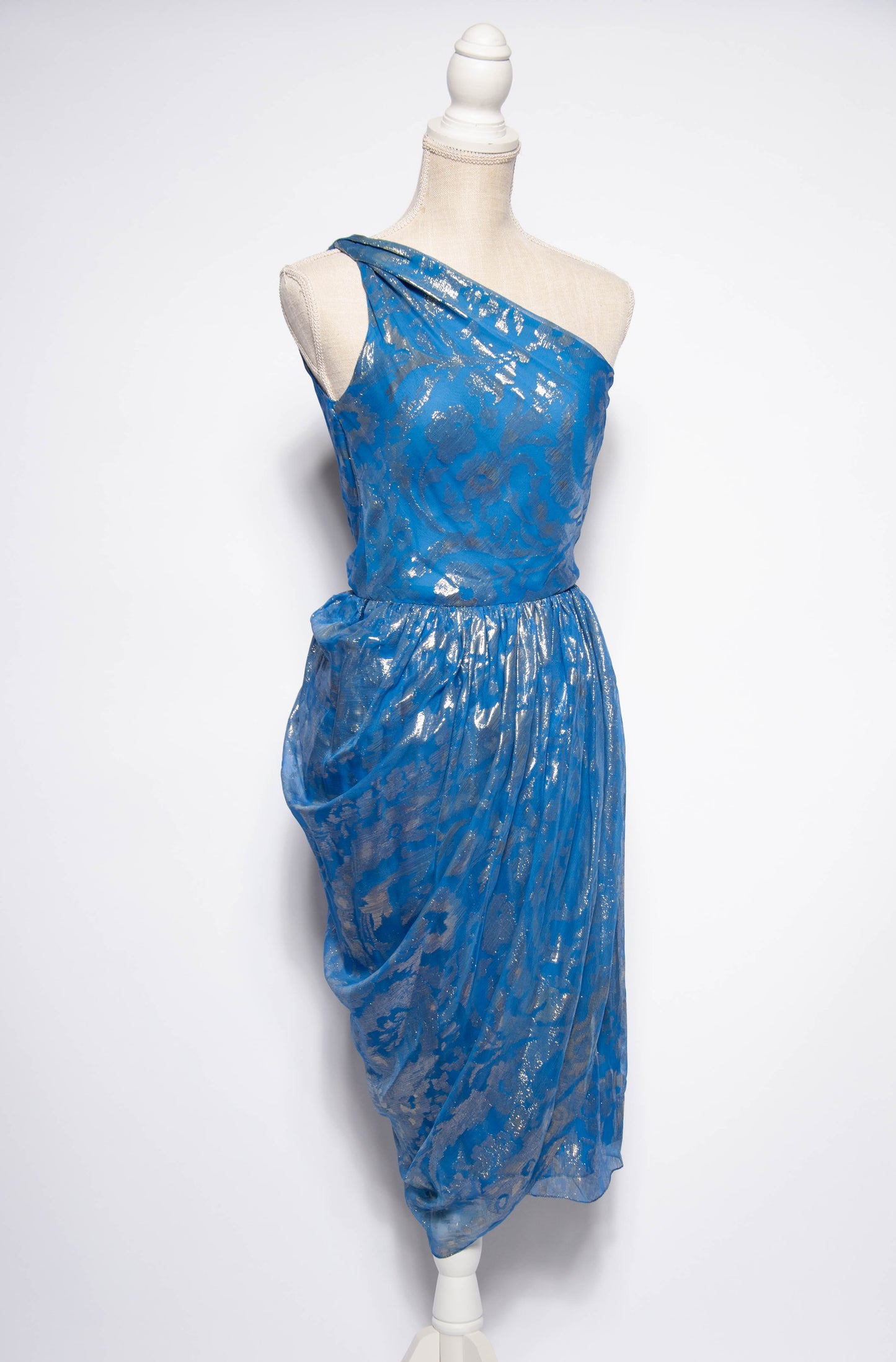 BILL BLASS 1970S GOLD METALLIC WOVEN BLUE SILK COCKTAIL DRESS