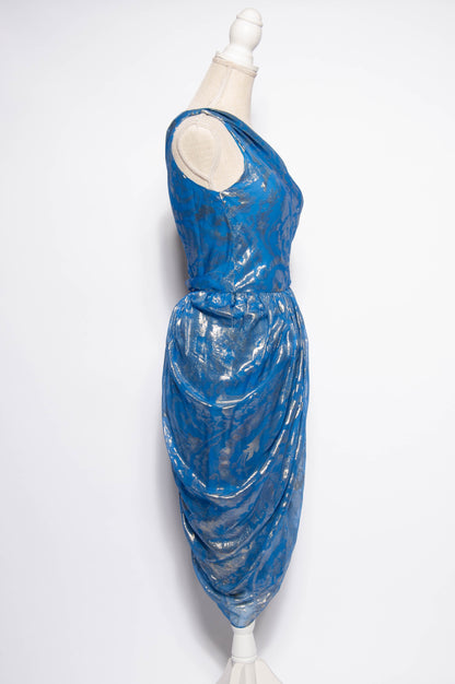 BILL BLASS 1970S GOLD METALLIC WOVEN BLUE SILK COCKTAIL DRESS