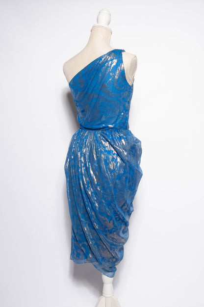 BILL BLASS 1970S GOLD METALLIC WOVEN BLUE SILK COCKTAIL DRESS