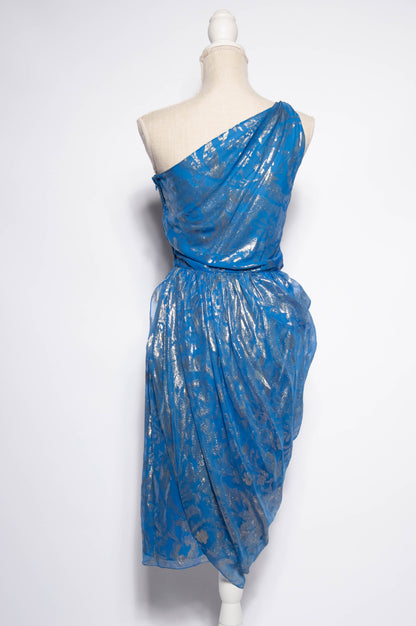 BILL BLASS 1970S GOLD METALLIC WOVEN BLUE SILK COCKTAIL DRESS