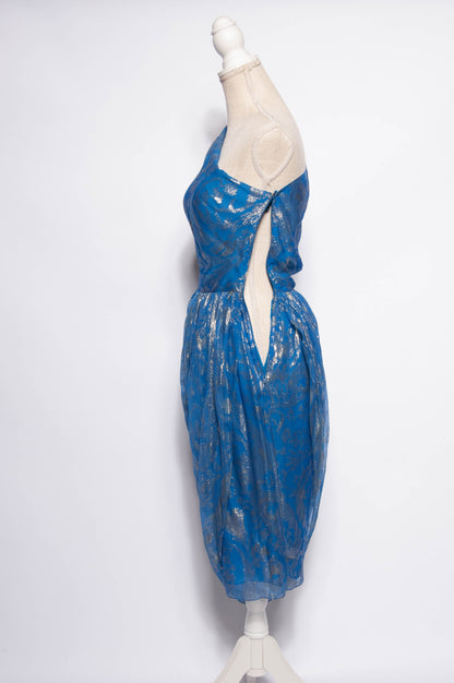 BILL BLASS 1970S GOLD METALLIC WOVEN BLUE SILK COCKTAIL DRESS