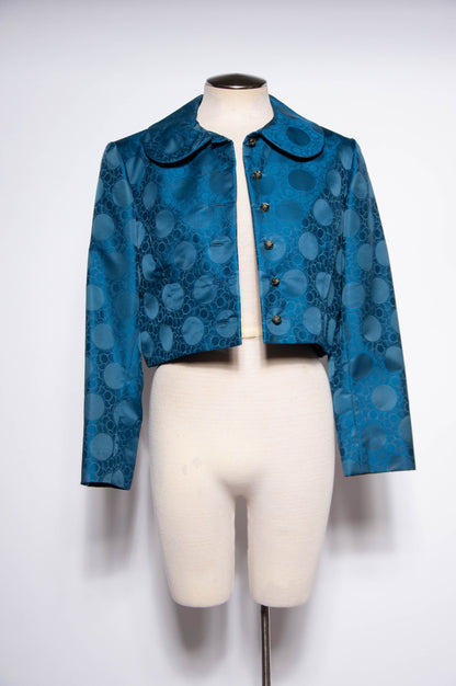 ADELE SIMPSON VINTAGE 1960S BLUE SILK JACQUARD POLKA DOT CROPPED JACKET