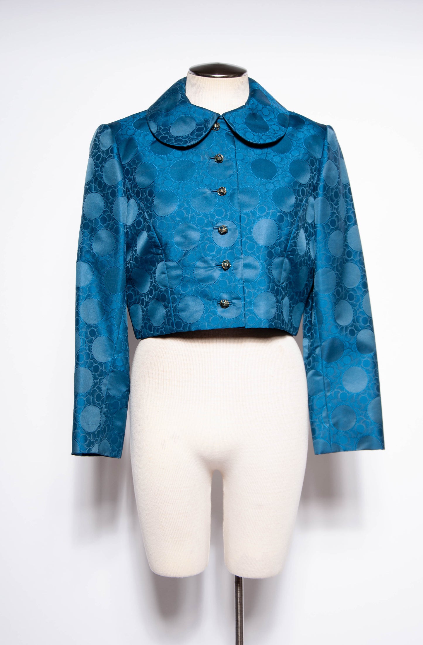 ADELE SIMPSON VINTAGE 1960S BLUE SILK JACQUARD POLKA DOT CROPPED JACKET