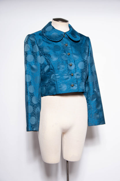 ADELE SIMPSON VINTAGE 1960S BLUE SILK JACQUARD POLKA DOT CROPPED JACKET