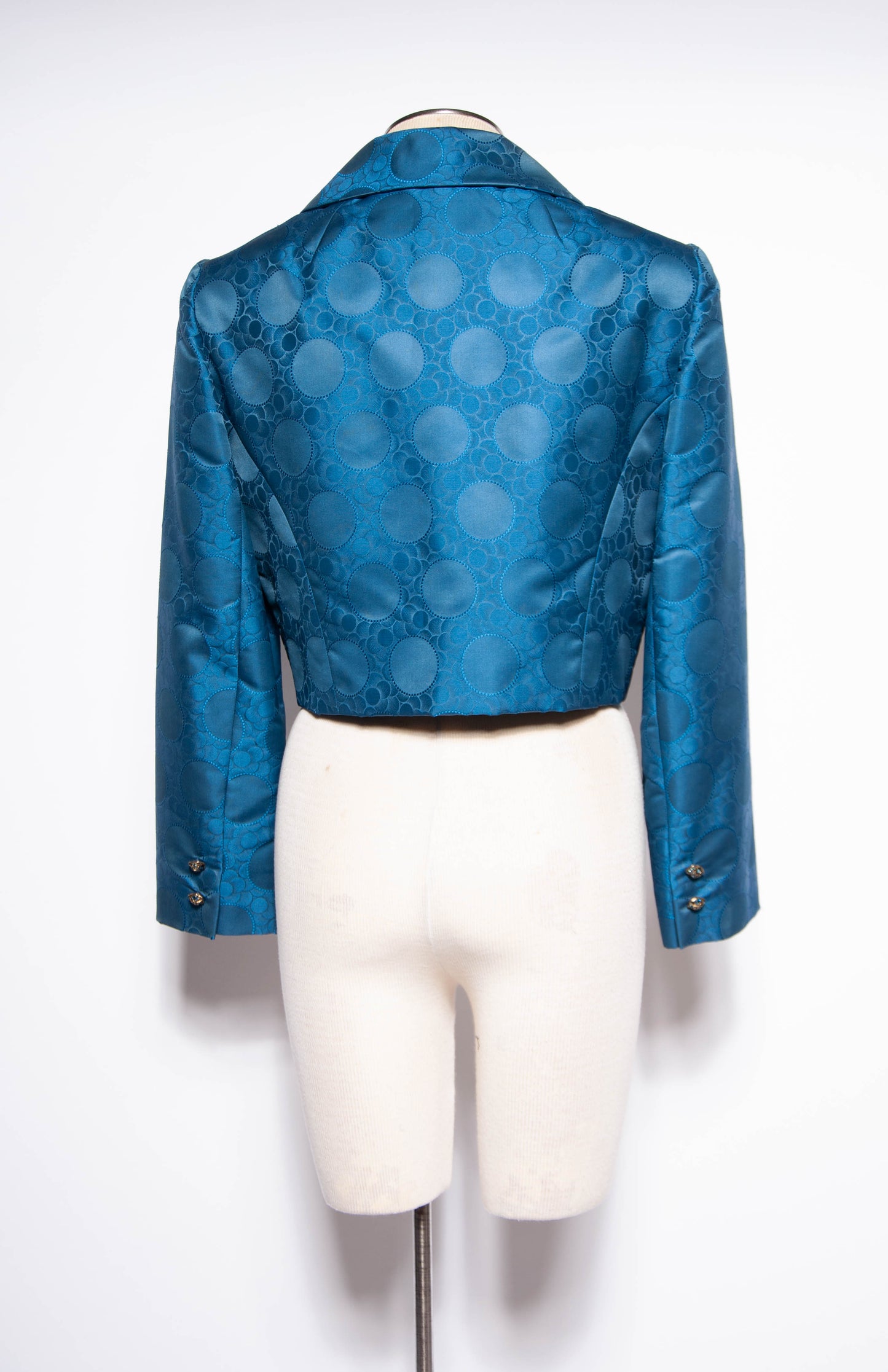 ADELE SIMPSON VINTAGE 1960S BLUE SILK JACQUARD POLKA DOT CROPPED JACKET