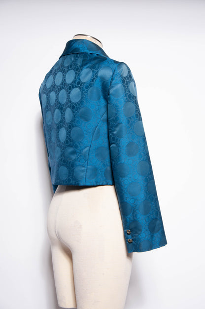 ADELE SIMPSON VINTAGE 1960S BLUE SILK JACQUARD POLKA DOT CROPPED JACKET