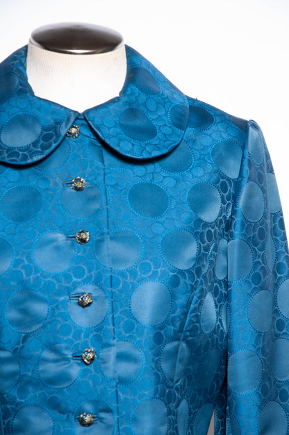 ADELE SIMPSON VINTAGE 1960S BLUE SILK JACQUARD POLKA DOT CROPPED JACKET