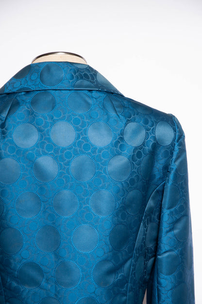 ADELE SIMPSON VINTAGE 1960S BLUE SILK JACQUARD POLKA DOT CROPPED JACKET