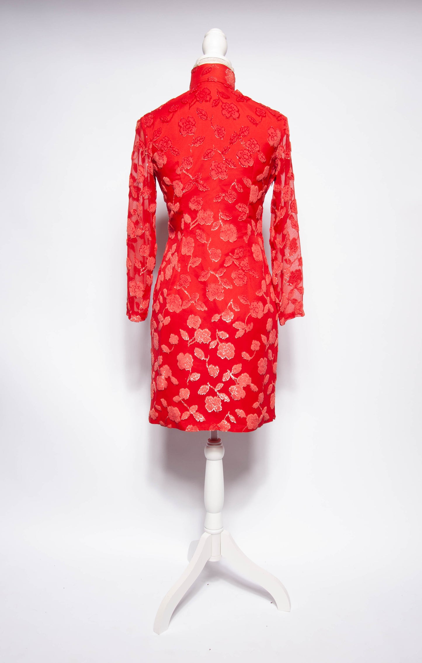 VINTAGE 1960S RED SILK LONGSLEEVE CHEONGSAM STYLE DRESS