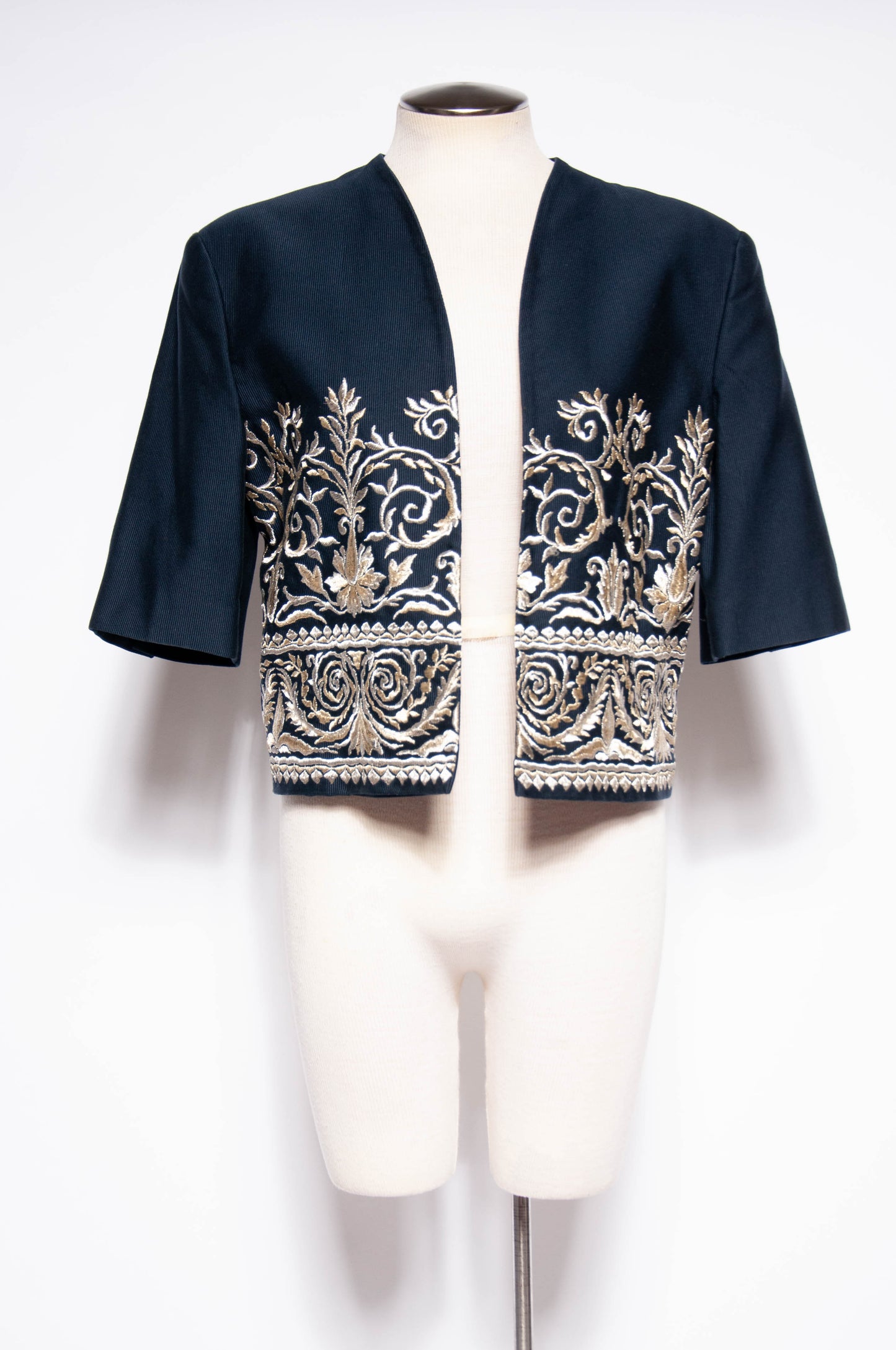 BYBLOS VINTAGE NAVY COTTON CROPPED JACKET WITH GOLD AND SILVER EMBROIDERY