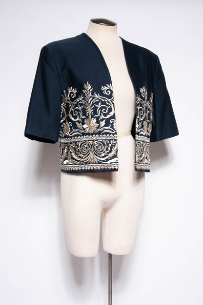 BYBLOS VINTAGE NAVY COTTON CROPPED JACKET WITH GOLD AND SILVER EMBROIDERY