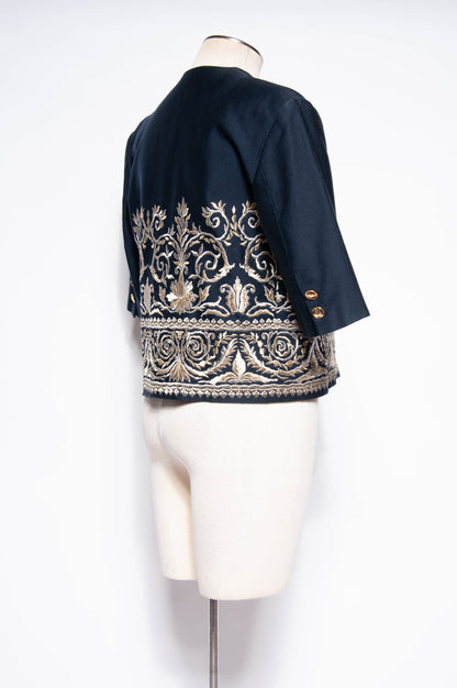 BYBLOS VINTAGE NAVY COTTON CROPPED JACKET WITH GOLD AND SILVER EMBROIDERY