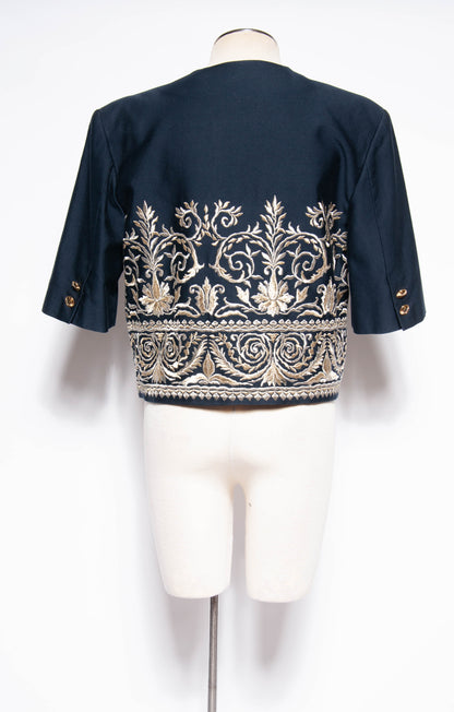 BYBLOS VINTAGE NAVY COTTON CROPPED JACKET WITH GOLD AND SILVER EMBROIDERY