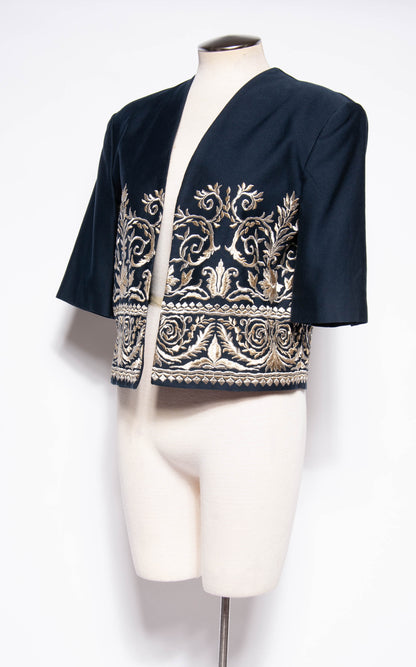 BYBLOS VINTAGE NAVY COTTON CROPPED JACKET WITH GOLD AND SILVER EMBROIDERY