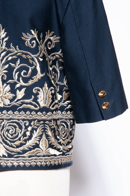 BYBLOS VINTAGE NAVY COTTON CROPPED JACKET WITH GOLD AND SILVER EMBROIDERY